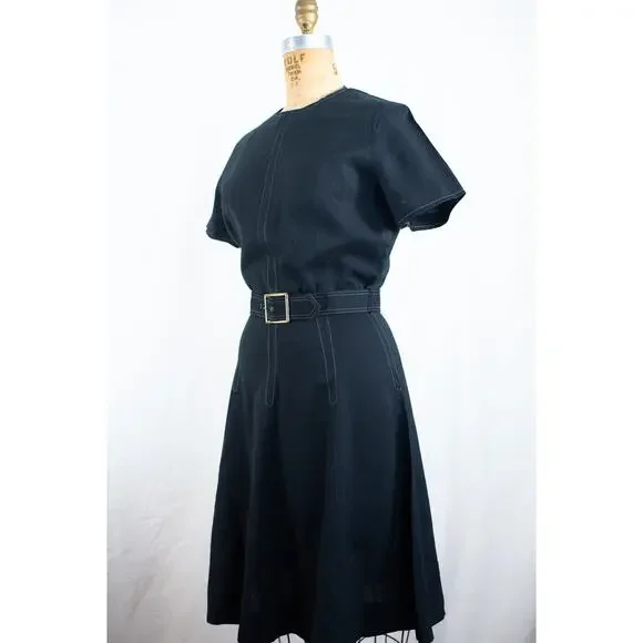 Vintage 60s Black Rayon Blend Mini Dress, Classic A-Line Retro Rockabilly, Small - Picture 4 of 13
